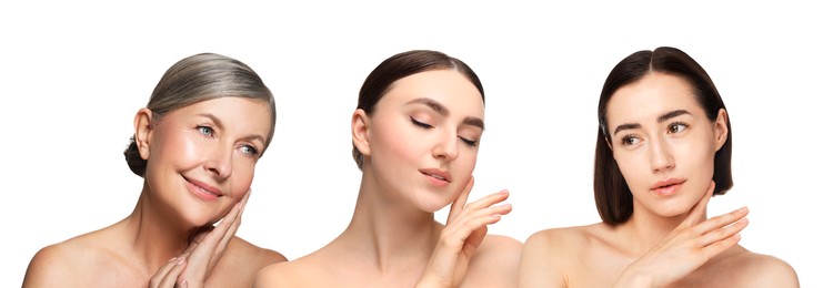 Image of Group of beautiful women on white background. Collection of different portraits