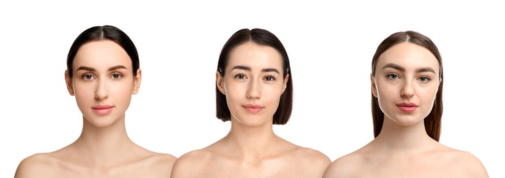 Image of Group of beautiful women on white background. Collection of different portraits