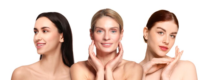 Image of Group of beautiful women on white background. Collection of different portraits