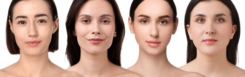 Image of Group of beautiful women on white background. Collection of different portraits