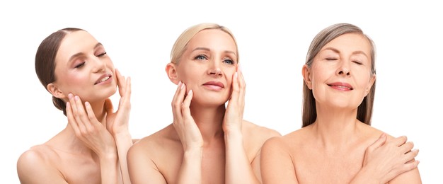 Image of Group of beautiful women on white background. Collection of different portraits
