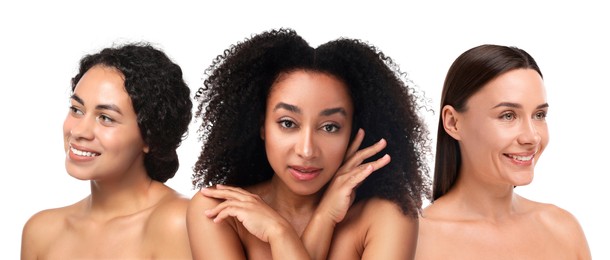 Image of Group of beautiful women on white background. Collection of different portraits