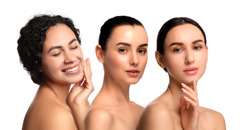Image of Group of beautiful women on white background. Collection of different portraits