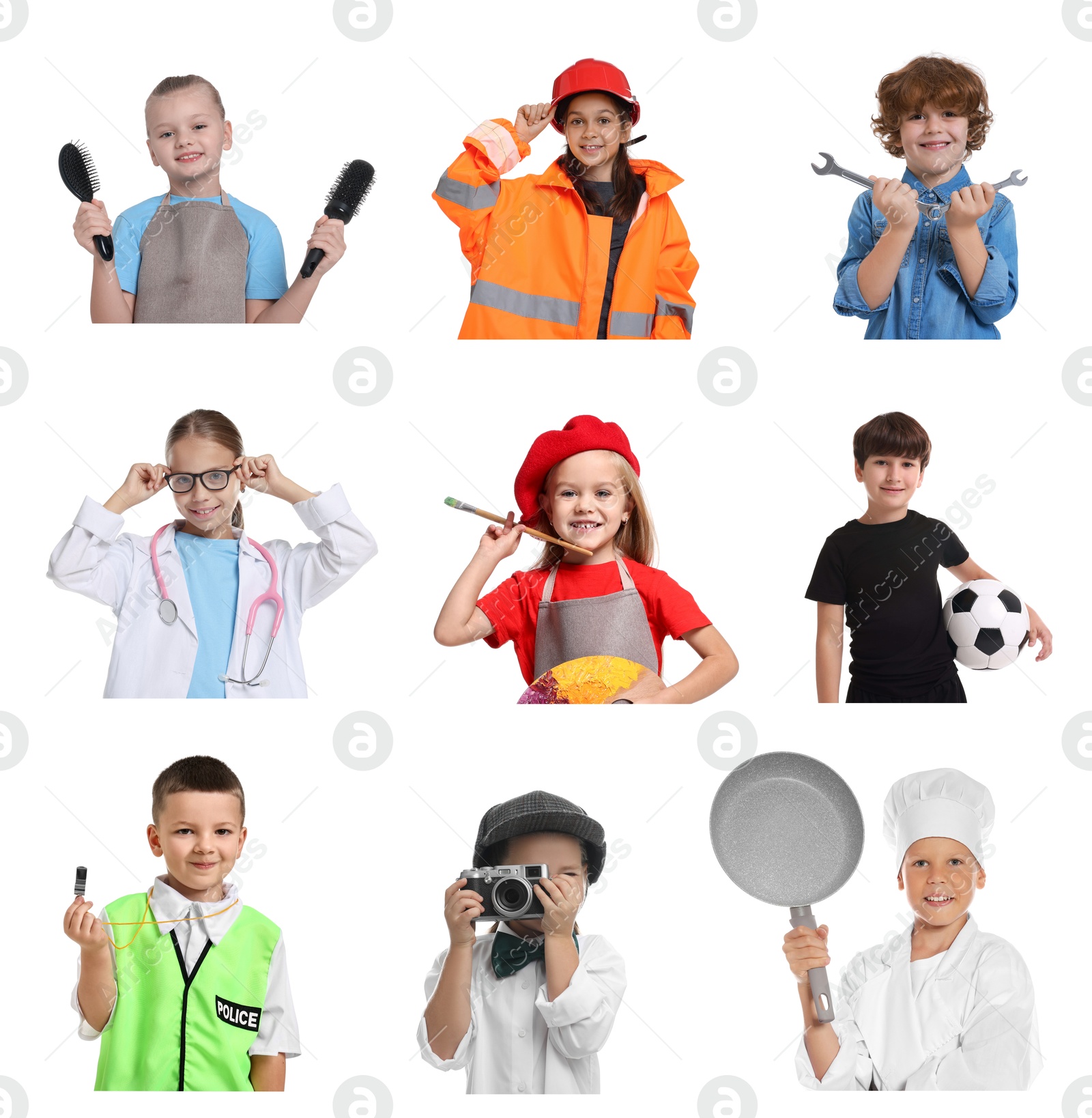 Future profession. Cute children copying people from different occupations on white background Image of Future profession. Cute children copying people from different occupations on white background