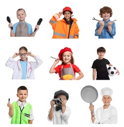 Image of Future profession. Cute children copying people from different occupations on white background