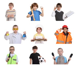 Image of Future profession. Cute children copying people from different occupations on white background