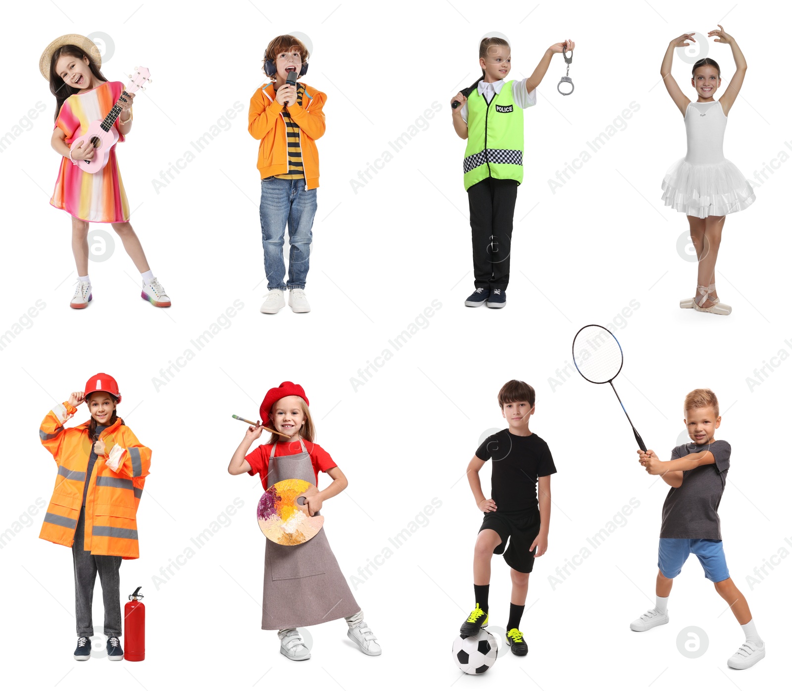 Image of Future profession. Cute children copying people from different occupations on white background