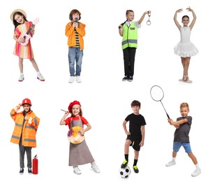 Image of Future profession. Cute children copying people from different occupations on white background