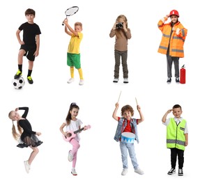 Image of Future profession. Cute children copying people from different occupations on white background