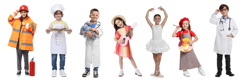 Image of Future profession. Cute children copying people from different occupations on white background