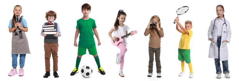 Image of Future profession. Cute children copying people from different occupations on white background