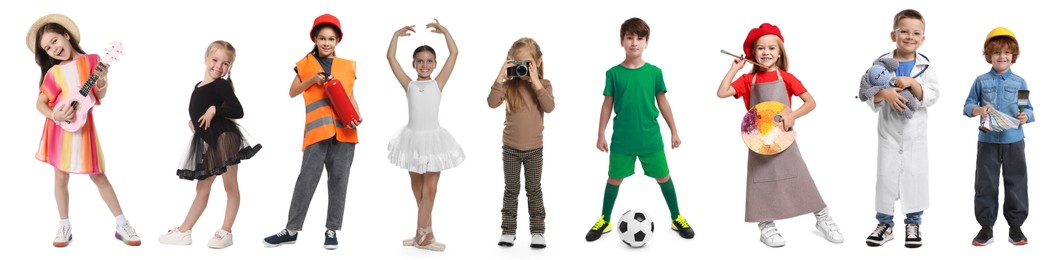 Image of Future profession. Cute children copying people from different occupations on white background