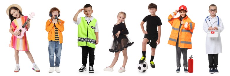 Image of Future profession. Cute children copying people from different occupations on white background