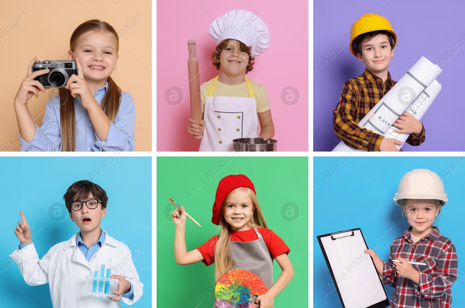 Future profession. Cute children copying people from different occupations on color backgrounds Image of Future profession. Cute children copying people from different occupations on color backgrounds