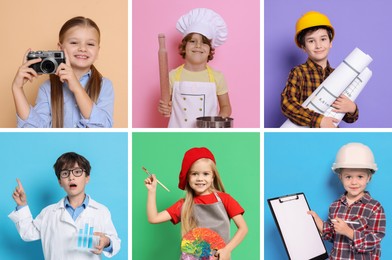 Image of Future profession. Cute children copying people from different occupations on color backgrounds