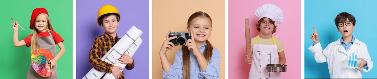 Image of Future profession. Cute children copying people from different occupations on color backgrounds