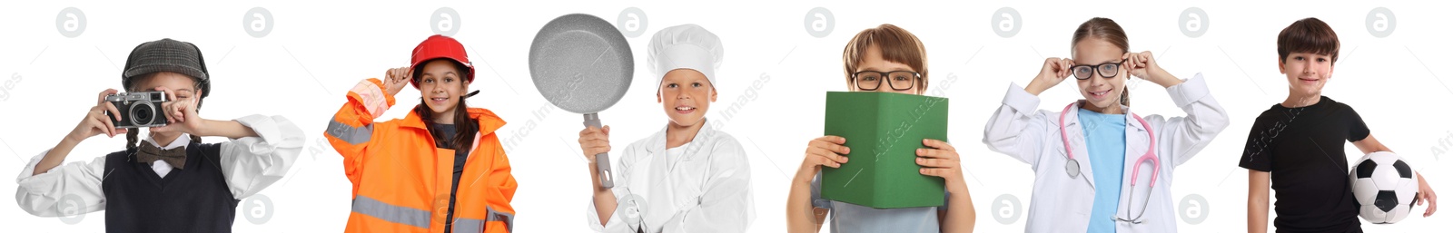 Future profession. Cute children copying people from different occupations on white background Image of Future profession. Cute children copying people from different occupations on white background