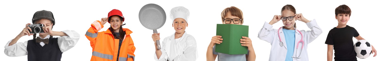 Image of Future profession. Cute children copying people from different occupations on white background