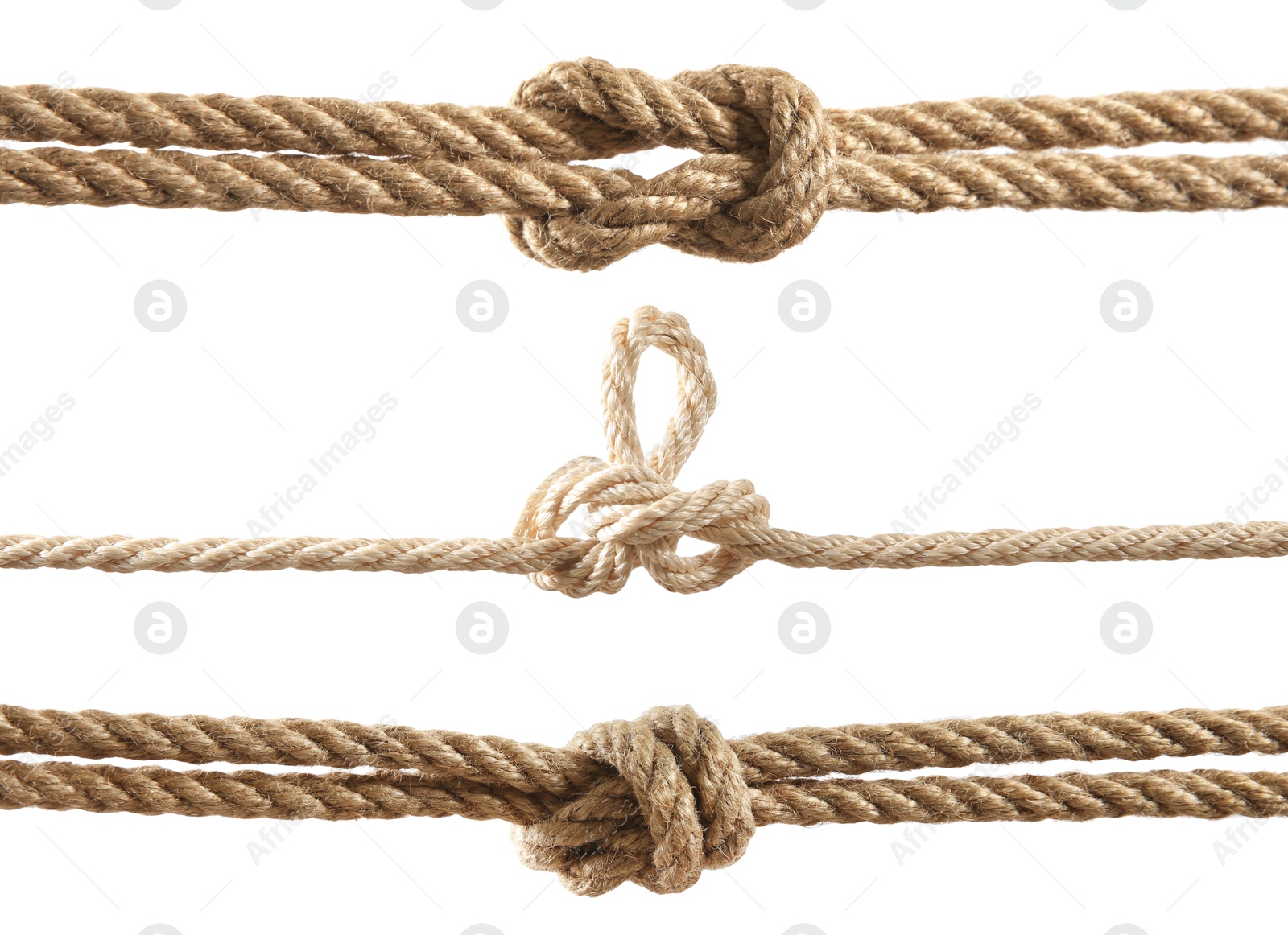 Ropes with different knots isolated on white, set Image of Ropes with different knots isolated on white, set