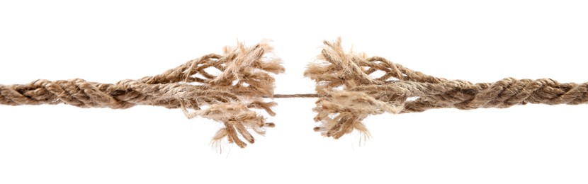 Image of One string connecting almost torn rope on white background