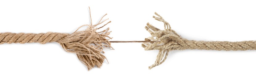 Image of One string connecting almost torn rope on white background