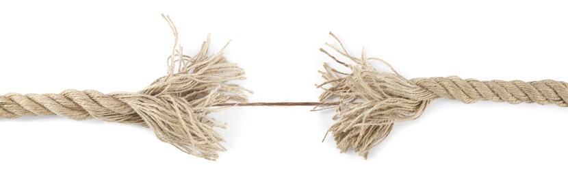 Image of One string connecting almost torn rope on white background