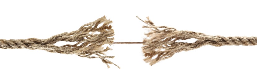 Image of One string connecting almost torn rope on white background
