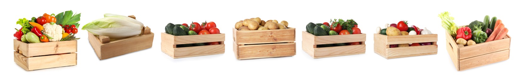 Image of Different fresh vegetables in wooden crates on white background, set
