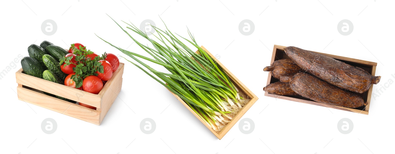 Different fresh vegetables in wooden crates on white background, set. Top view Image of Different fresh vegetables in wooden crates on white background, set. Top view