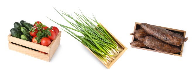 Image of Different fresh vegetables in wooden crates on white background, set. Top view
