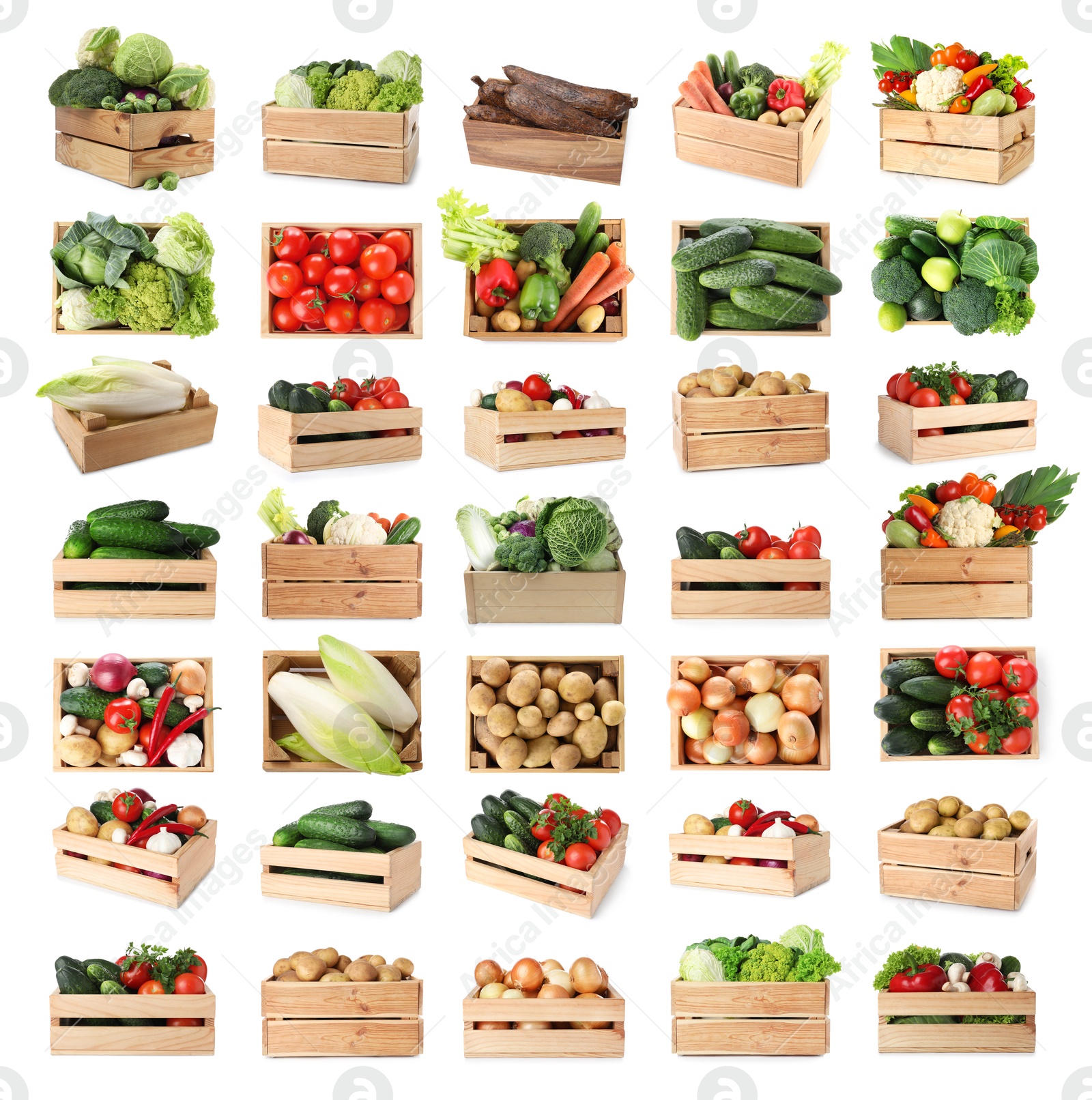 Different fresh vegetables in wooden crates on white background, collage Image of Different fresh vegetables in wooden crates on white background, collage