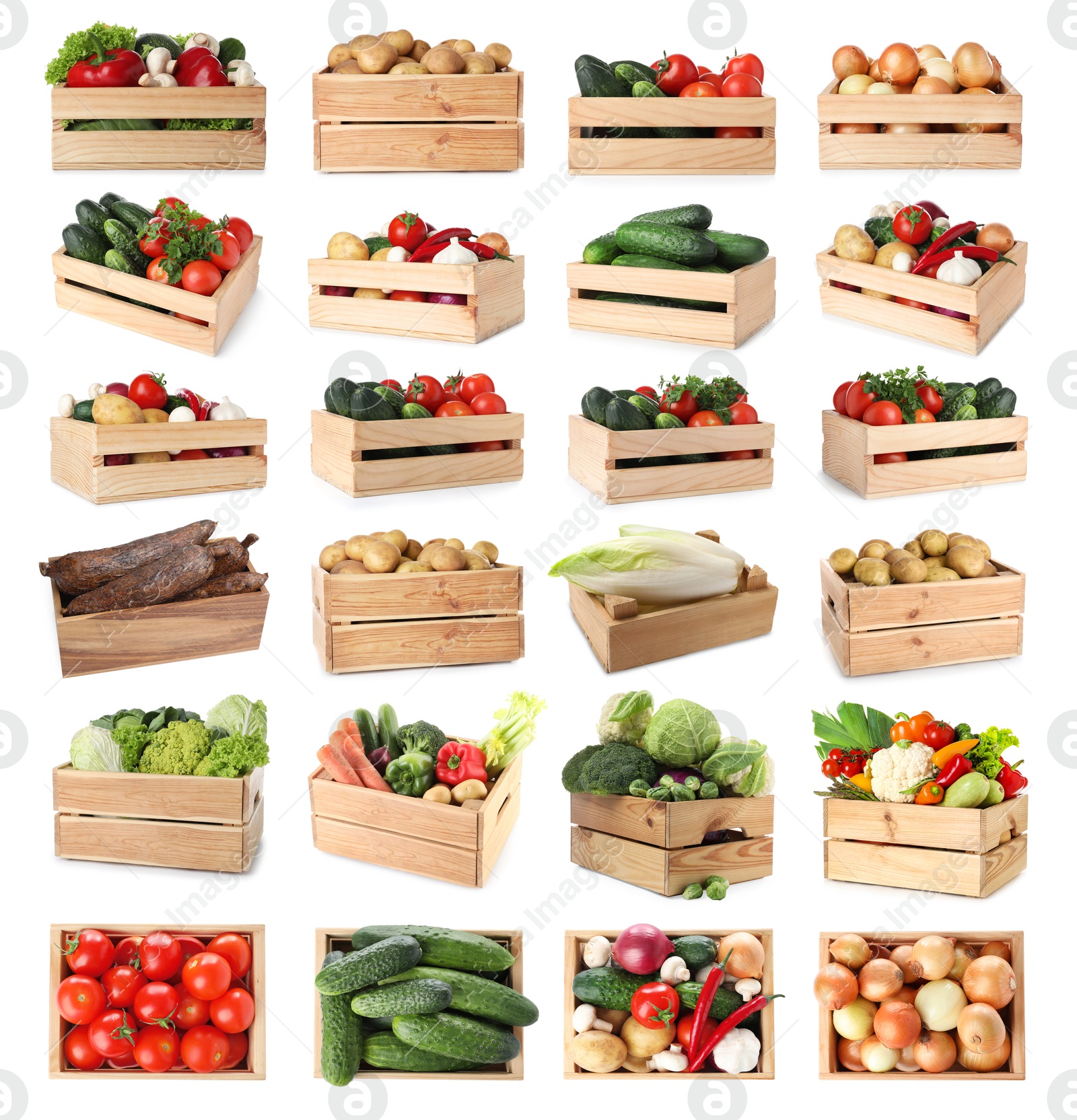 Different fresh vegetables in wooden crates on white background, collage Image of Different fresh vegetables in wooden crates on white background, collage