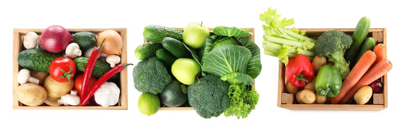 Image of Different fresh vegetables in wooden crates on white background, set. Top view