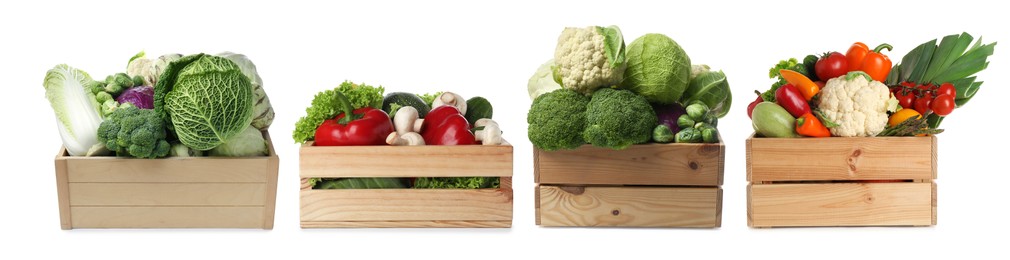Image of Different fresh vegetables in wooden crates on white background, set