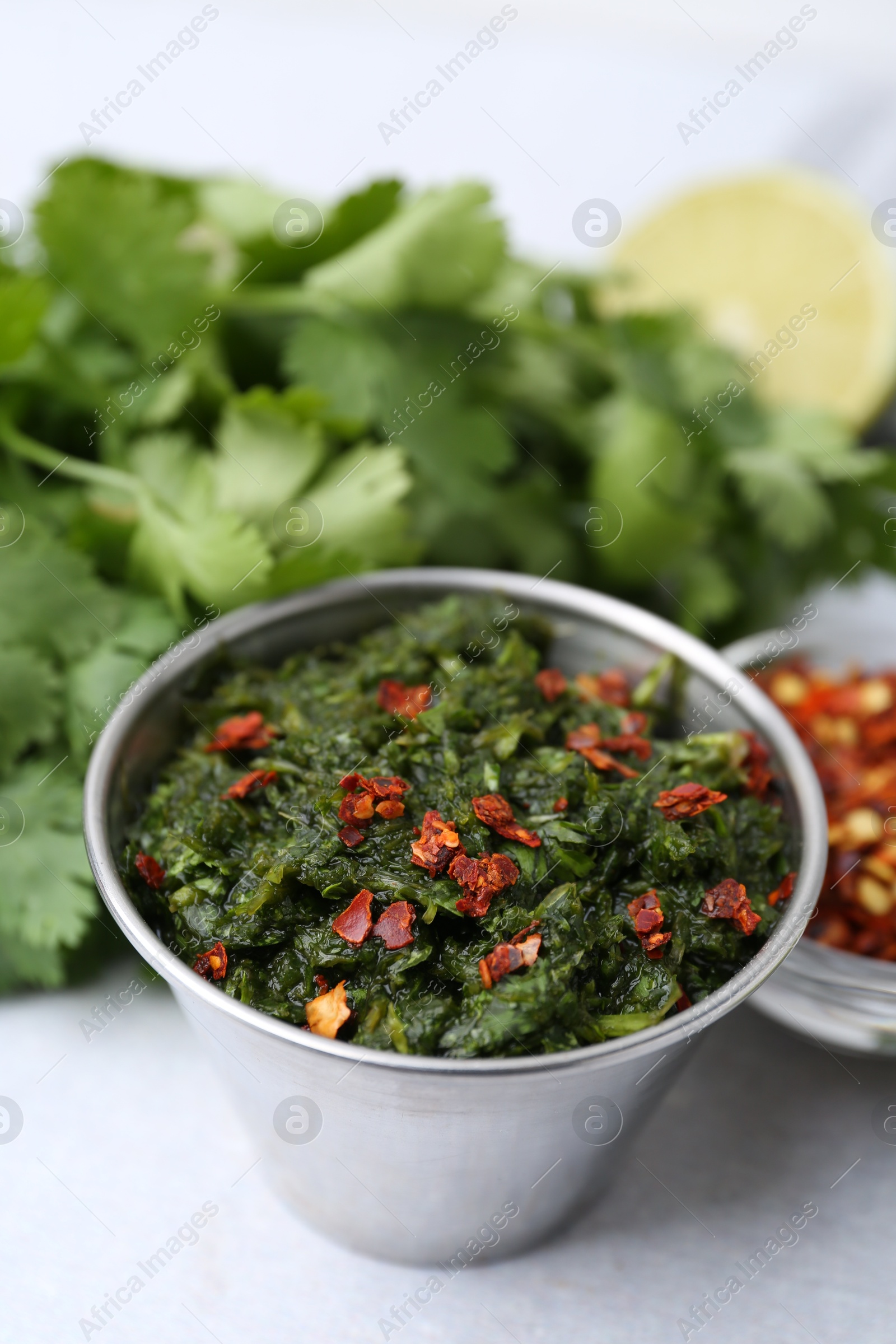 Tasty sauce with cilantro and other ingredients on light table, closeup Photo of Tasty sauce with cilantro and other ingredients on light table, closeup