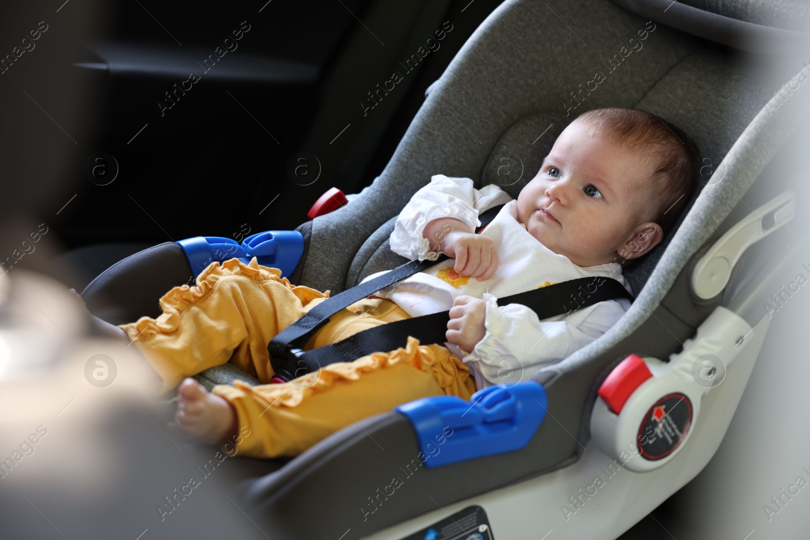Cute little baby fastened in car seat Photo of Cute little baby fastened in car seat