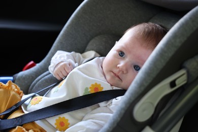 Photo of Cute little baby fastened in car seat
