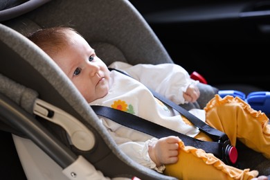 Photo of Cute little baby fastened in car seat