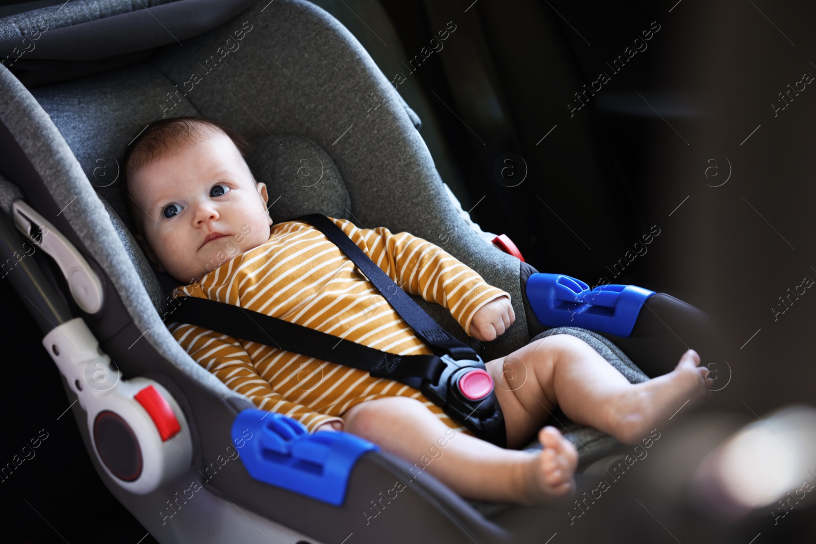 Cute little baby fastened in car seat Photo of Cute little baby fastened in car seat