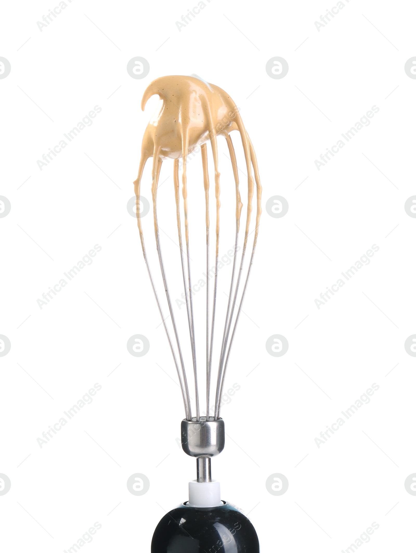 Photo of Making delicious dalgona coffee. Whisk with cream isolated on white
