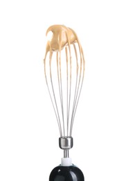 Photo of Making delicious dalgona coffee. Whisk with cream isolated on white