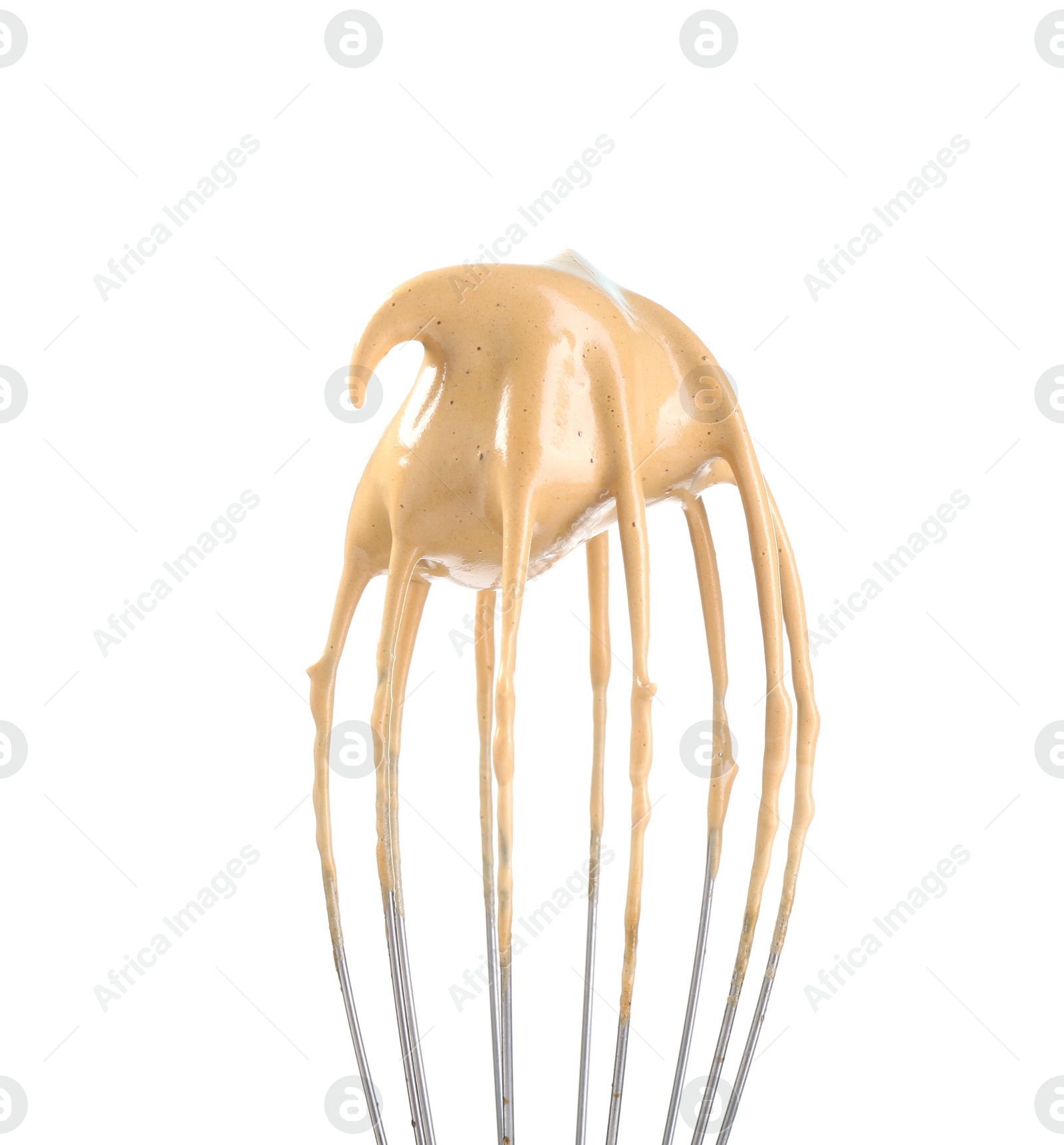 Photo of Making delicious dalgona coffee. Whisk with cream isolated on white
