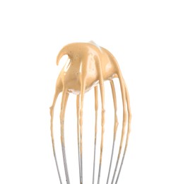 Photo of Making delicious dalgona coffee. Whisk with cream isolated on white