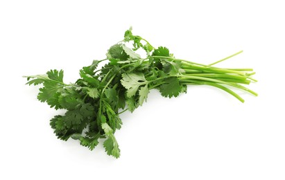 Photo of Fresh cilantro isolated on white, top view