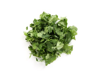 Photo of Pile of fresh cilantro sprigs isolated on white, top view