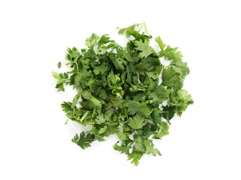 Photo of Pile of fresh cilantro sprigs isolated on white, top view