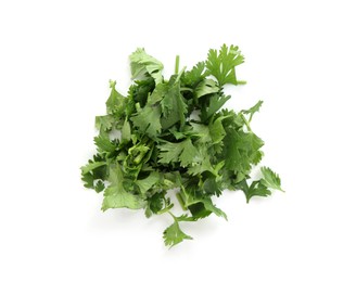 Photo of Pile of fresh cilantro sprigs isolated on white, top view