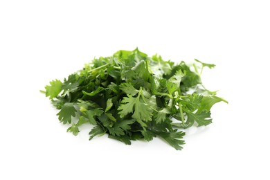 Photo of Pile of fresh cilantro sprigs isolated on white