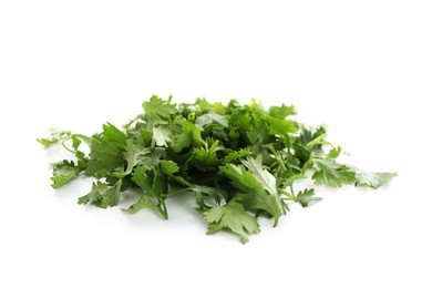 Photo of Pile of fresh cilantro sprigs isolated on white