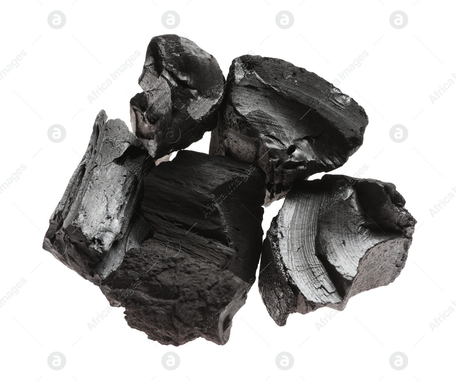 Pieces of black coals isolated on white, top view Photo of Pieces of black coals isolated on white, top view